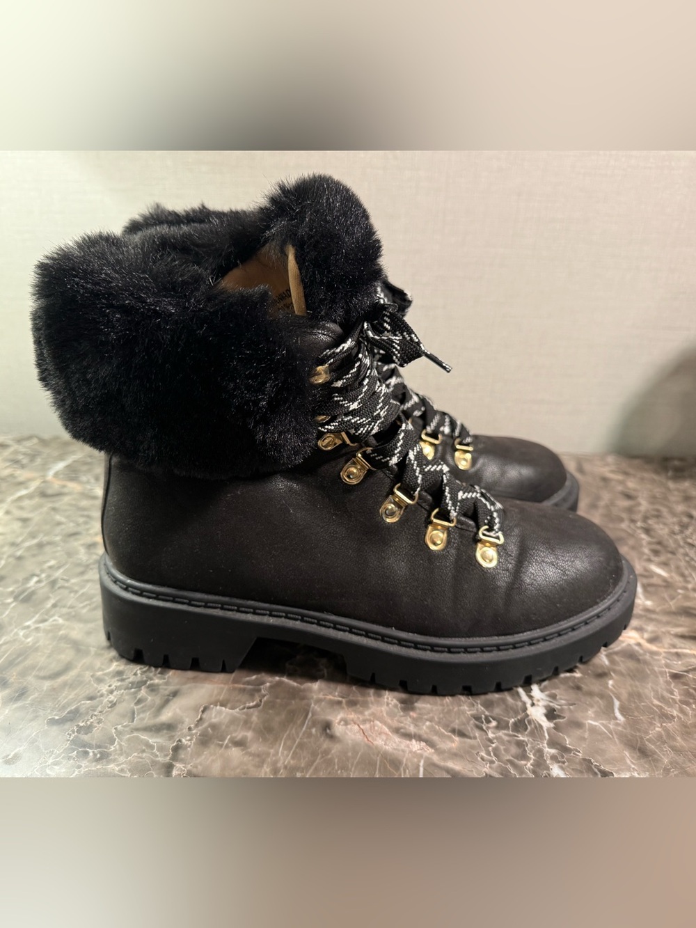 Loft Black Faux-Fur Lace-Up Winter Hiker Boots